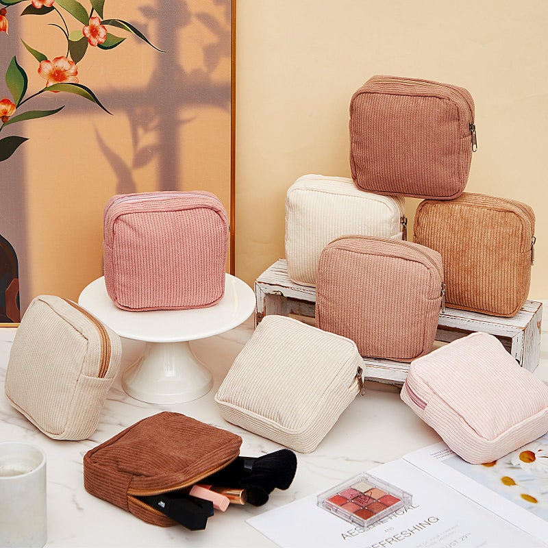 Dansydaisy 9 Pcs Sanitary Storage Pouch Mini Corduroy Makeup Bag Valentine's Day Period Pouch Gift Tampon Bag for Women Teacher Purse Small Portable Wallet with Zipper for Travelling(Beige Color) - Image 3