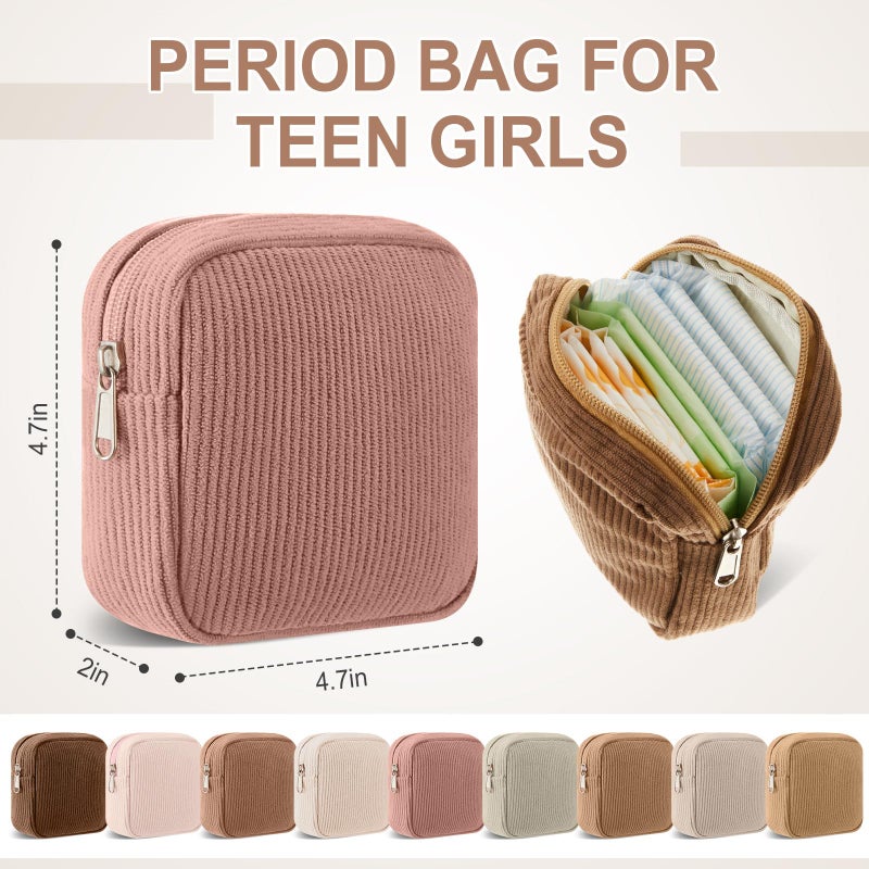 Dansydaisy 9 Pcs Sanitary Storage Pouch Mini Corduroy Makeup Bag Valentine's Day Period Pouch Gift Tampon Bag for Women Teacher Purse Small Portable Wallet with Zipper for Travelling(Beige Color) - Image 4