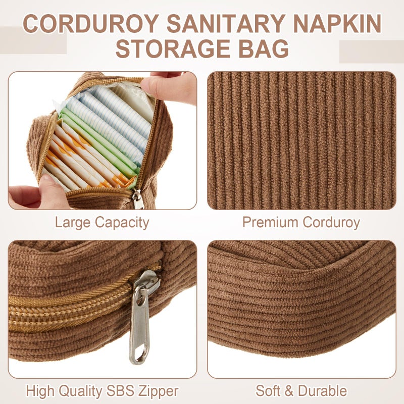 Dansydaisy 9 Pcs Sanitary Storage Pouch Mini Corduroy Makeup Bag Valentine's Day Period Pouch Gift Tampon Bag for Women Teacher Purse Small Portable Wallet with Zipper for Travelling(Beige Color) - Image 2