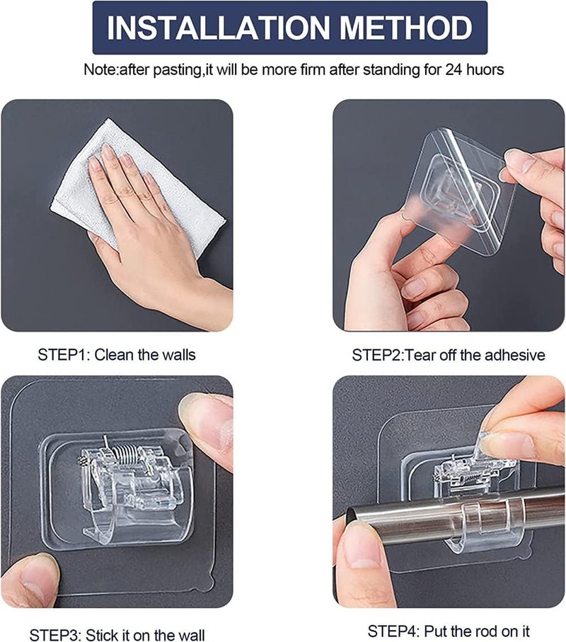 neotimely 6Pcs No Drill Curtain Rod Brackets, Self Adhesive Curtain Rod Holder Hooks, Adjustable Curtain Rod Hooks Curtain Hangers, Wall Mount Curtain Rod Holder Suitable for Poles of 0.4-0.78 Inch(Transparent) - Image 5