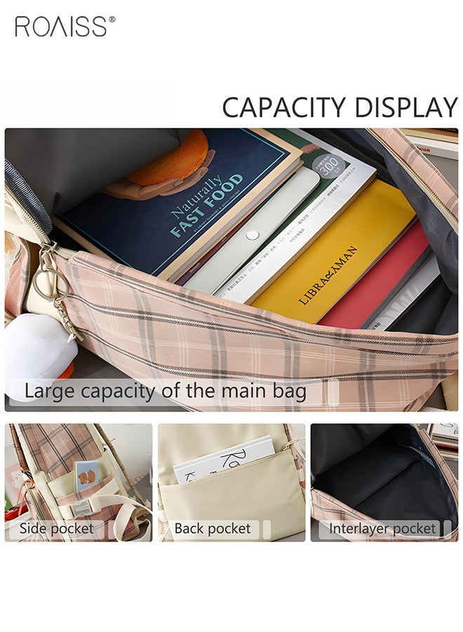roaiss 5Pcs Plaid Backpack Set Aesthetic Preppy Cute Check With Pins Bear Pendant Light Academia School Supplies Kit - Image 4