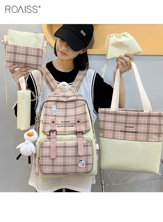 roaiss 5Pcs Plaid Backpack Set Aesthetic Preppy Cute Check With Pins Bear Pendant Light Academia School Supplies Kit - Image 1