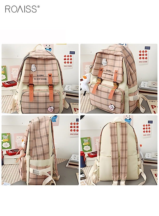 roaiss 5Pcs Plaid Backpack Set Aesthetic Preppy Cute Check With Pins Bear Pendant Light Academia School Supplies Kit - Image 3