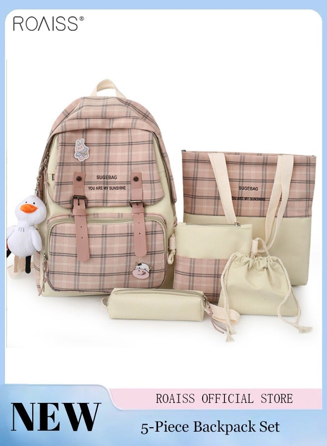 roaiss 5Pcs Plaid Backpack Set Aesthetic Preppy Cute Check With Pins Bear Pendant Light Academia School Supplies Kit - Image 2