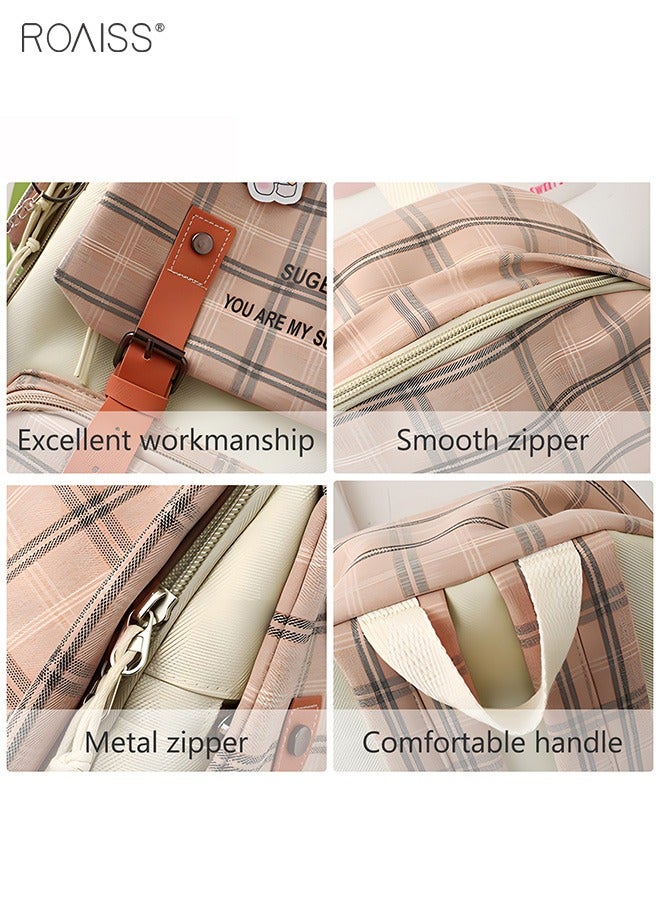 roaiss 5Pcs Plaid Backpack Set Aesthetic Preppy Cute Check With Pins Bear Pendant Light Academia School Supplies Kit - Image 5
