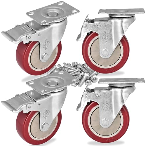 YOOGAA Caster Wheels 3 Inch Casters Set of 4 Heavy Duty Load Bearing 1000 Lbs Locking Swivel Plate Casters with Brake Industrial No Noise Polyurethane Wheels Anti-wear Smooth Casters - Image 1