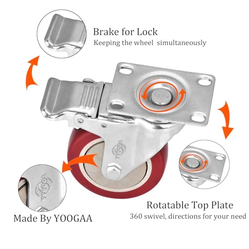 YOOGAA Caster Wheels 3 Inch Casters Set of 4 Heavy Duty Load Bearing 1000 Lbs Locking Swivel Plate Casters with Brake Industrial No Noise Polyurethane Wheels Anti-wear Smooth Casters - Image 2