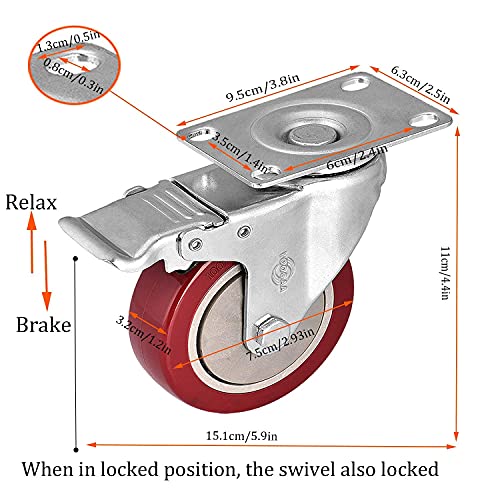 YOOGAA Caster Wheels 3 Inch Casters Set of 4 Heavy Duty Load Bearing 1000 Lbs Locking Swivel Plate Casters with Brake Industrial No Noise Polyurethane Wheels Anti-wear Smooth Casters - Image 3