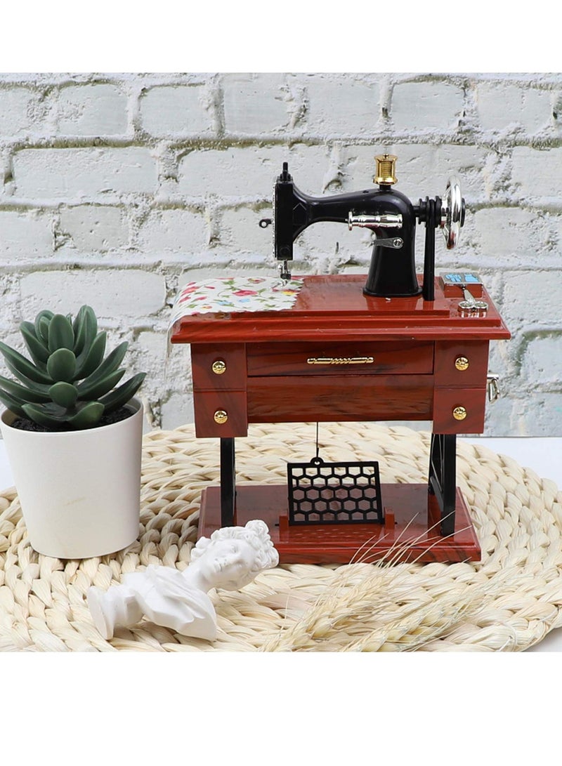 Sewing Machine Music Box, Vintage Hand Cranked Mechanism Mini Musical Retro Classical Table Desk Decoration Brown  - Image 4