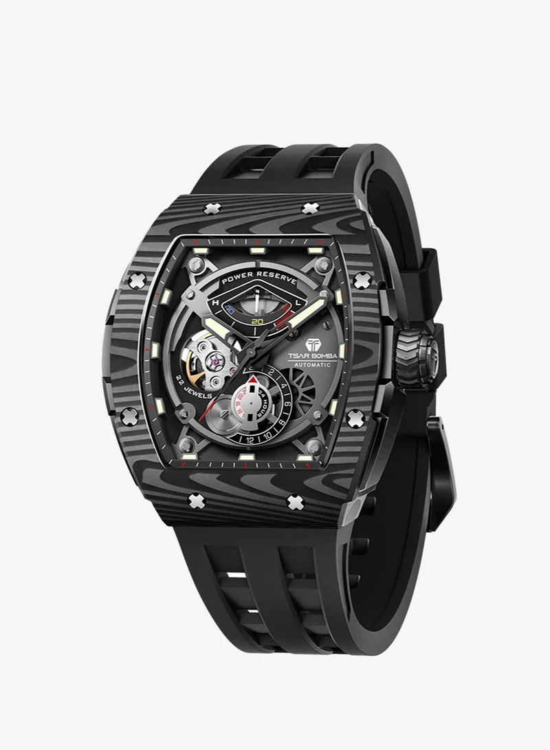 Tsar Bomba TSAR BOMBA Men's Automatic Watch Luxury Skeleton Watches for Men Mechanical 50M Waterproof Analogue Tonneau Watches Mens Unique Cool Square Big Face Dial Wristwatch Gift for Men