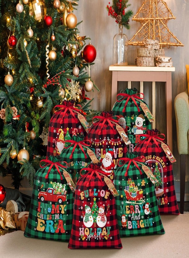 FLOE 12 PCS Burlap Christmas Drawstring Gift Bags, 12x16in Buffalo Plaid Xmas Gift Bags w/Tags, Cotton Fabric Goody Gifts Treat Bag Xmas Sacks Large Reusable Gifts Wrapping Bag for Holiday Party Favors - Image 5