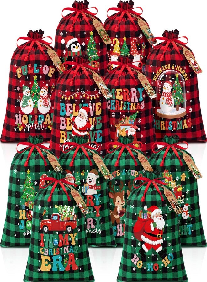 FLOE 12 PCS Burlap Christmas Drawstring Gift Bags, 12x16in Buffalo Plaid Xmas Gift Bags w/Tags, Cotton Fabric Goody Gifts Treat Bag Xmas Sacks Large Reusable Gifts Wrapping Bag for Holiday Party Favors - Image 1