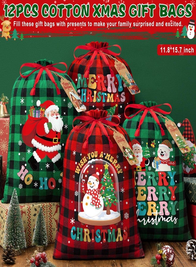 FLOE 12 PCS Burlap Christmas Drawstring Gift Bags, 12x16in Buffalo Plaid Xmas Gift Bags w/Tags, Cotton Fabric Goody Gifts Treat Bag Xmas Sacks Large Reusable Gifts Wrapping Bag for Holiday Party Favors - Image 4