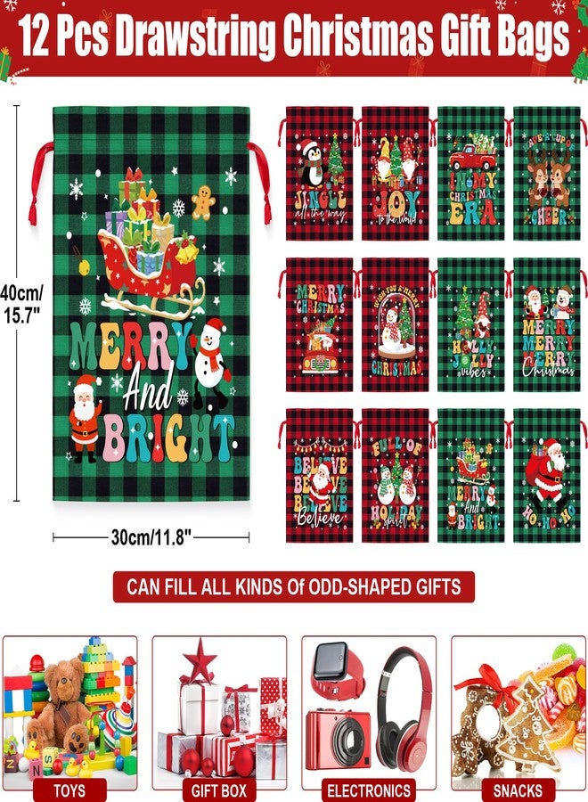 FLOE 12 PCS Burlap Christmas Drawstring Gift Bags, 12x16in Buffalo Plaid Xmas Gift Bags w/Tags, Cotton Fabric Goody Gifts Treat Bag Xmas Sacks Large Reusable Gifts Wrapping Bag for Holiday Party Favors - Image 2