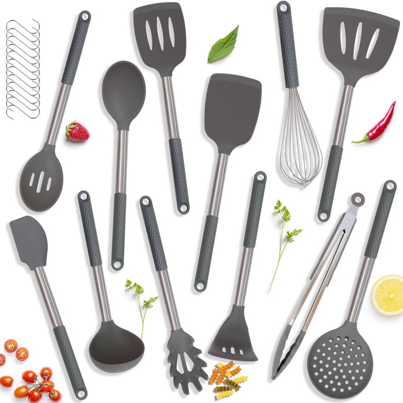 Kaiihome Kitchen Utensil Sets Silicone Cooking Utensil with Stainless Steel Handle Set of 12 Gray