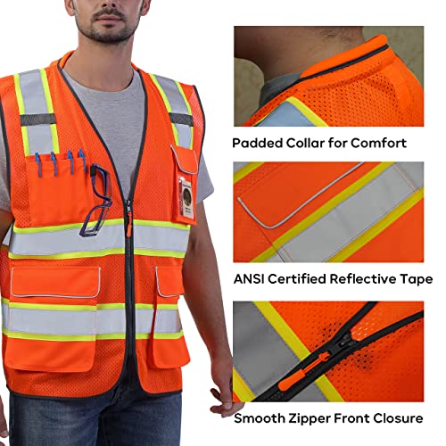 Neopelta Reflective Safety Vest Orange Mesh, High Visibility Vest with Pockets and Zipper, Padded Neck, Construction Work Vest ANSI Class 2, Orange with Yellow Trim L - Image 4