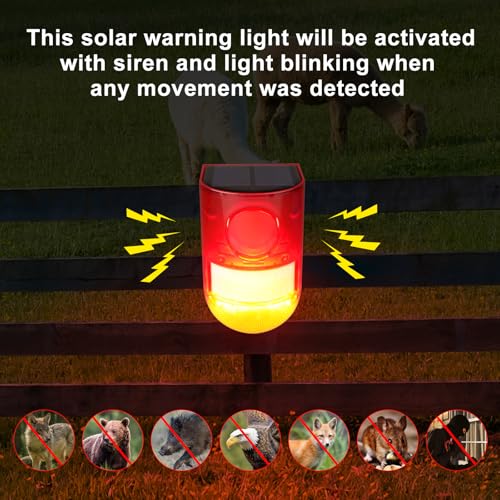 Aolyty Solar Motion Sensor Detector Siren Sound Alarm LED Warning Strobe Flashing Red Light Security Outdoor Waterproof Device Keep Animal Away for Home Warehouse Farm (Red Lampshade) - Image 5
