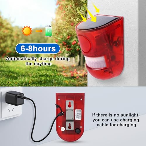 Aolyty Solar Motion Sensor Detector Siren Sound Alarm LED Warning Strobe Flashing Red Light Security Outdoor Waterproof Device Keep Animal Away for Home Warehouse Farm (Red Lampshade) - Image 2