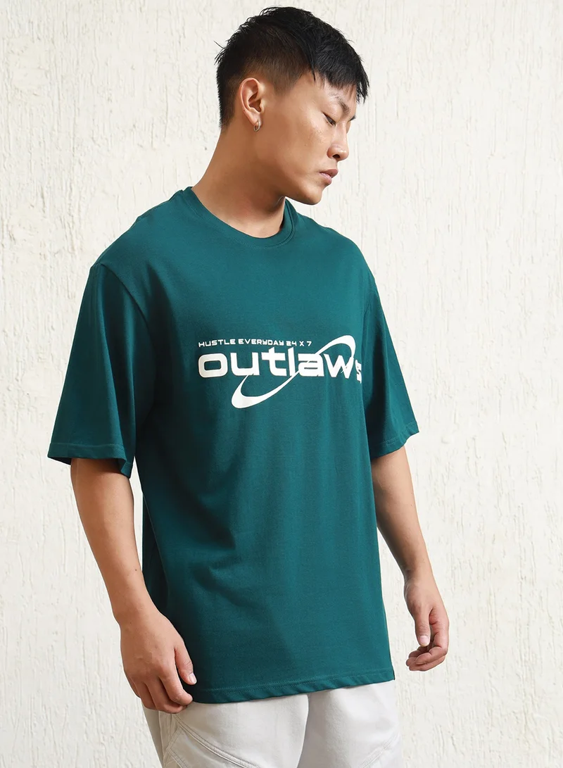 Hubberholme Relaxed Fit Teal Graphic T-Shirt for Men, Drop Shoulder Design