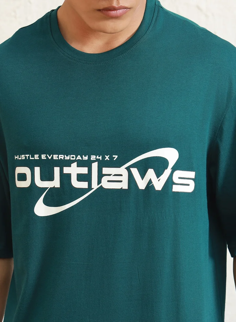 Hubberholme Relaxed Fit Teal Graphic T-Shirt for Men, Drop Shoulder Design