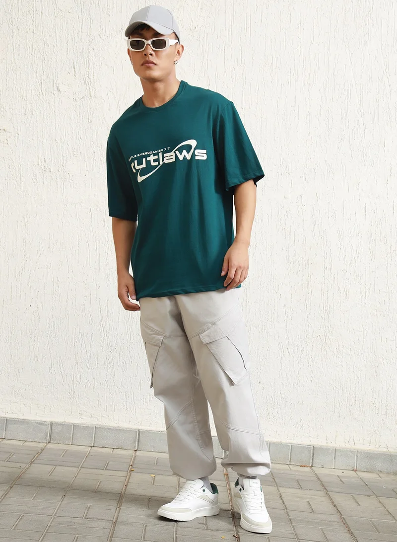 Hubberholme Relaxed Fit Teal Graphic T-Shirt for Men, Drop Shoulder Design