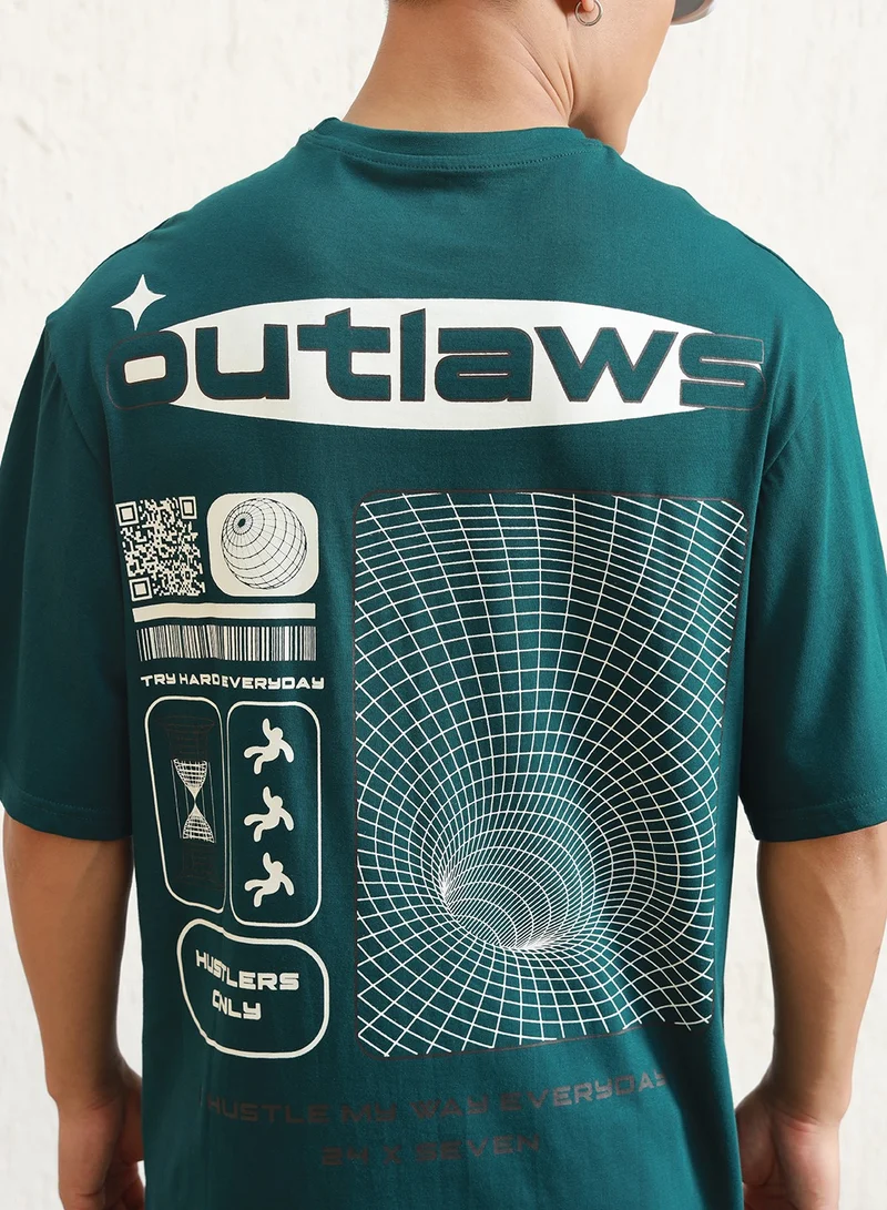 Hubberholme Relaxed Fit Teal Graphic T-Shirt for Men, Drop Shoulder Design