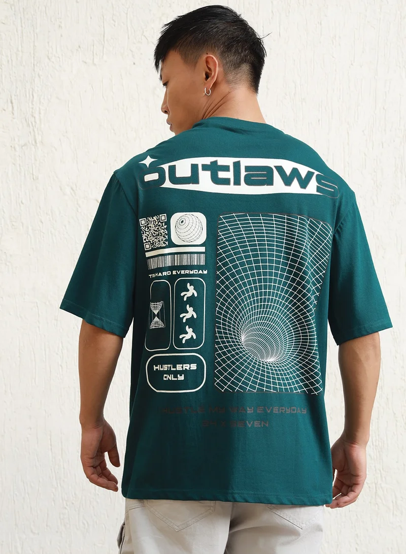 Hubberholme Relaxed Fit Teal Graphic T-Shirt for Men, Drop Shoulder Design