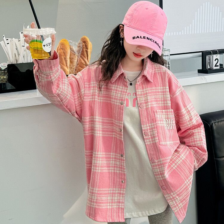 2024 New Girls Spring and Autumn Shirt Childrens Western Style Casual Long-Sleeved Plaid Two-Piece Trendy Mid-Big Kids Tender pink plaid shirt 