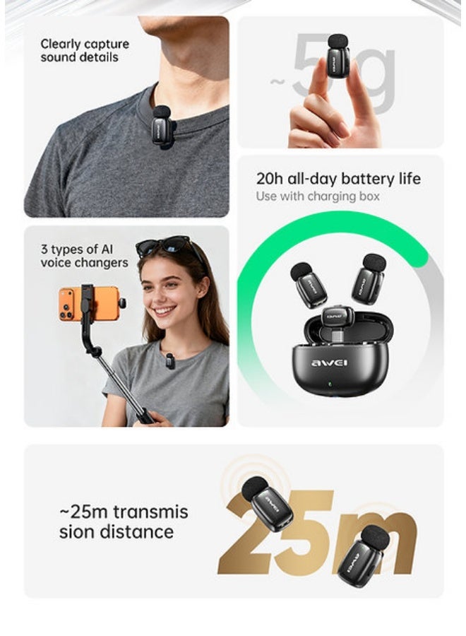 Awei Dual Wireless Lavalier Mic - Mk5 - Black - Image 4