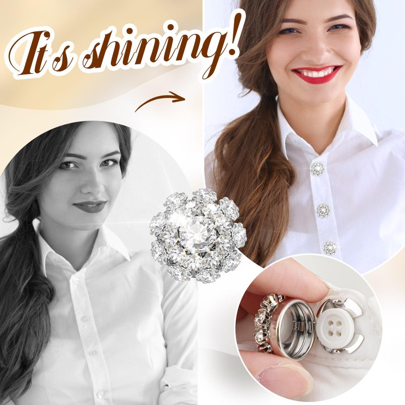 Solsew 6 Sets Crystal Flower Button Covers Decorative Rhinestone Covers with 20 Pcs 11mm Sewing Buttons Detachable Shirt Clip on Jewelry Reusable for Crafts DIY Women Men Shirts Blouses Dresses, Silver - Image 5