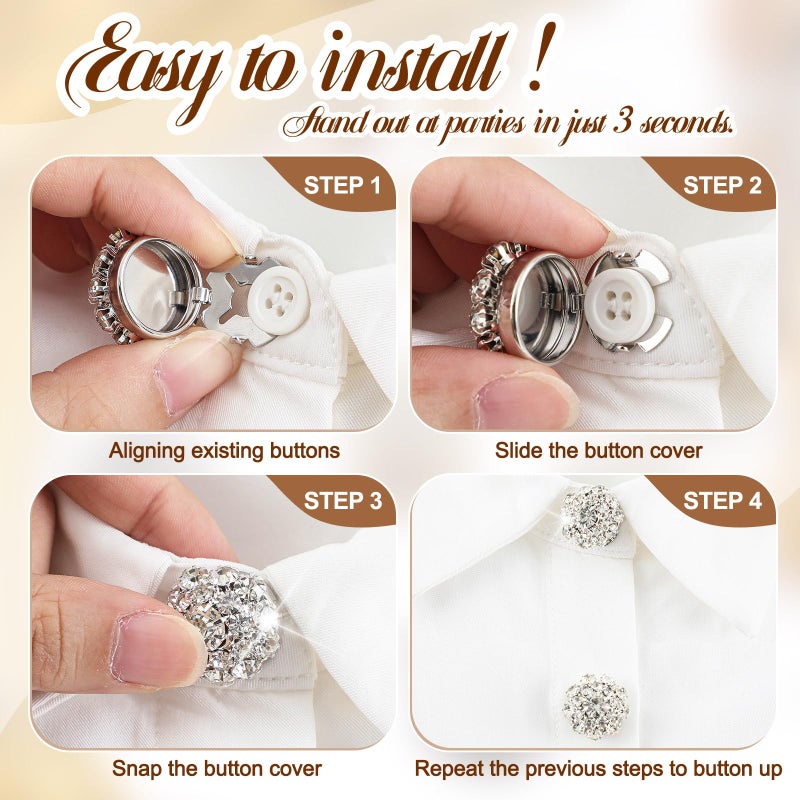 Solsew 6 Sets Crystal Flower Button Covers Decorative Rhinestone Covers with 20 Pcs 11mm Sewing Buttons Detachable Shirt Clip on Jewelry Reusable for Crafts DIY Women Men Shirts Blouses Dresses, Silver - Image 3