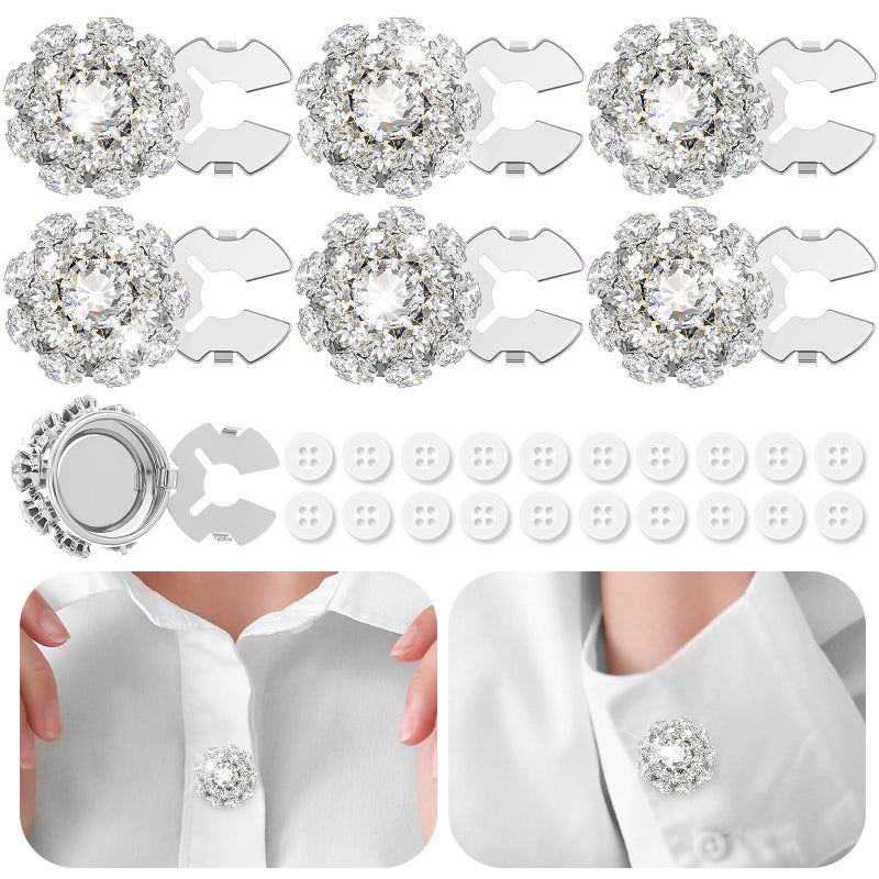 Solsew 6 Sets Crystal Flower Button Covers Decorative Rhinestone Covers with 20 Pcs 11mm Sewing Buttons Detachable Shirt Clip on Jewelry Reusable for Crafts DIY Women Men Shirts Blouses Dresses, Silver - Image 1
