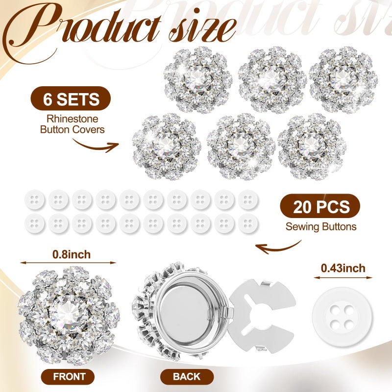 Solsew 6 Sets Crystal Flower Button Covers Decorative Rhinestone Covers with 20 Pcs 11mm Sewing Buttons Detachable Shirt Clip on Jewelry Reusable for Crafts DIY Women Men Shirts Blouses Dresses, Silver - Image 2