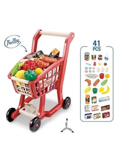 A shopping cart for kids with 41 plastic toy pieces, featuring a variety of food items such as fruits, vegetables, and canned goods, offering children an enjoyable and realistic shopping experience!