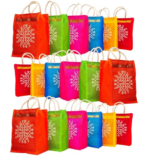 Anumala® Jute Bags with Contrast Kolam Print for Return Gifts | Thamboolam And Jute Bags | Wedding Return Gifts | Birthday Return Gifts | Event Return gifts Bag | Multicolor 8x4x10 inches… - Image 1
