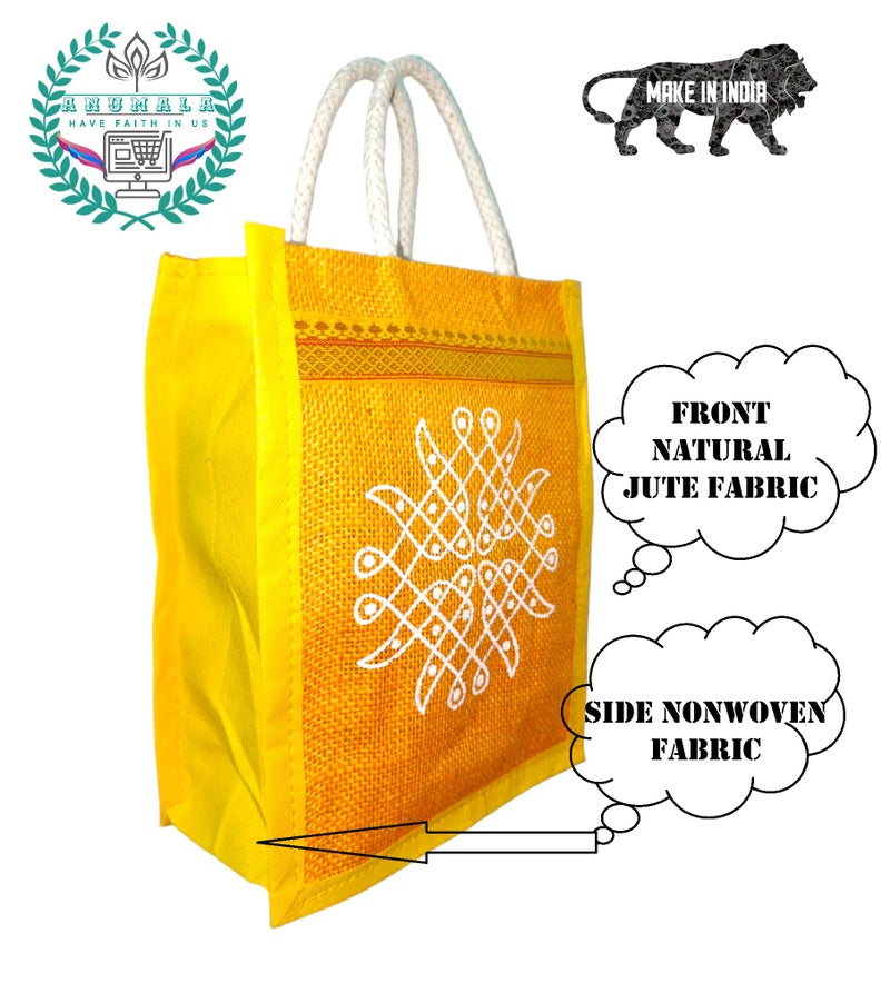 Anumala® Jute Bags with Contrast Kolam Print for Return Gifts | Thamboolam And Jute Bags | Wedding Return Gifts | Birthday Return Gifts | Event Return gifts Bag | Multicolor 8x4x10 inches… - Image 5