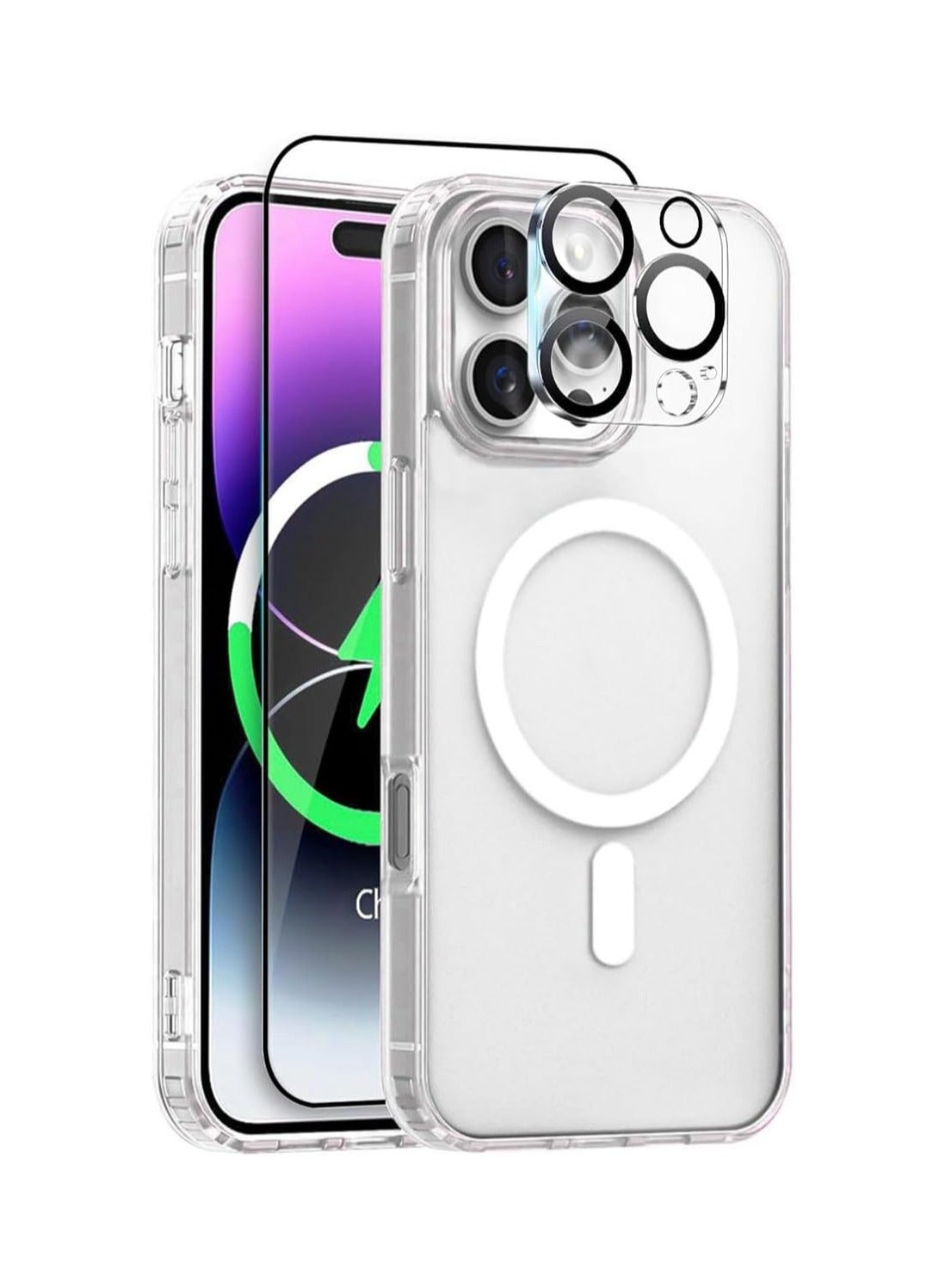 Package 3 in 1 For iPhone 16 Pro, Clear Case with Screen Protector & Lens Protector, Compatible with Magsafe, High-Grade Protection & Anti-Yellowing, Magnetic Case for iPhone 16 Pro, Transparent