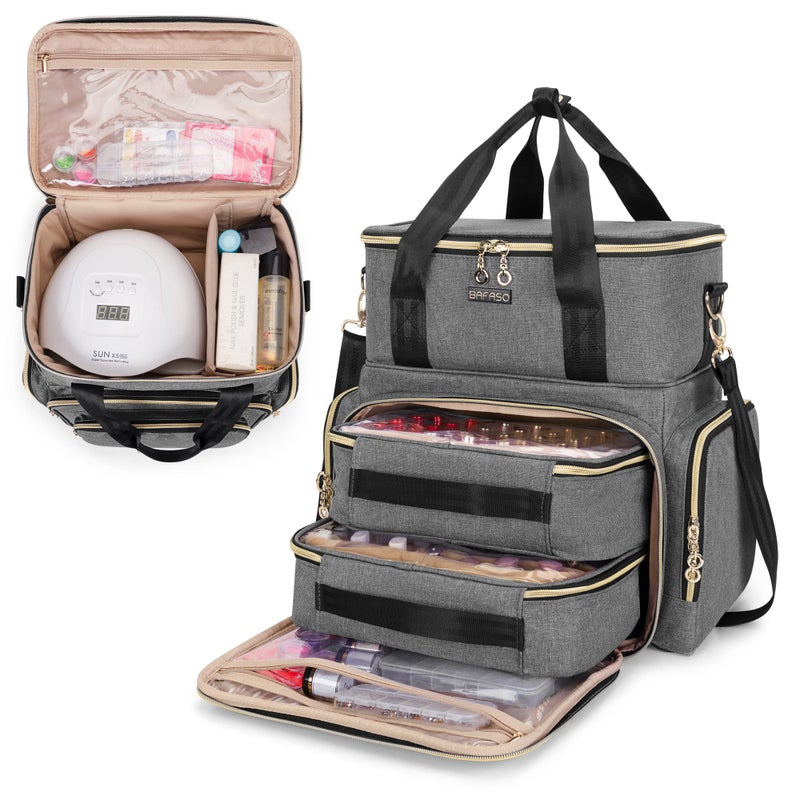BAFASO Double Layer Nail Polish Organizer Holds 70 Bottles 15ml  05 floz and a Nail Dryer Nail Polish Case with 2 Removable Pouches and Tools Storage Sections Patented Gray
