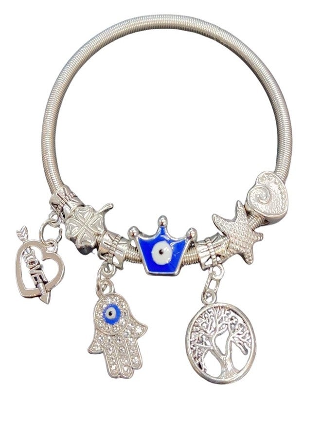 LA BELLEZA Adjustable Stretchable Spiral Hand Design Evil Eye Crystal Charm Bracelet For Women - Image 1