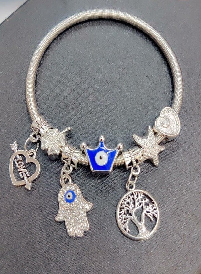 LA BELLEZA Adjustable Stretchable Spiral Hand Design Evil Eye Crystal Charm Bracelet For Women - Image 3