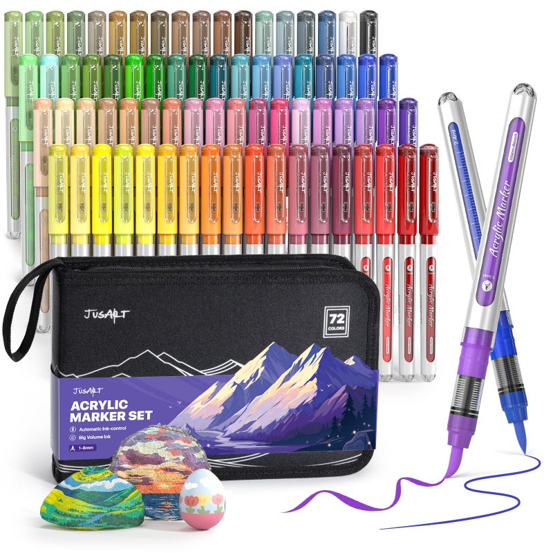 JusArt 72 Colors Acrylic Paint Markers with Canvas Bag, Water-Based No-Bleed Paint Pens with Automatic Ink Control, Waterproof Brush Tip Markers for DIY Art & Crafts -Fabric, Rock, Wood, Glass, Metal - Image 1