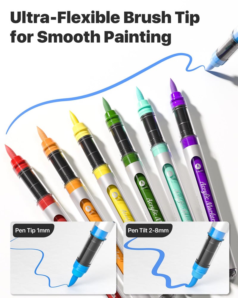 JusArt 72 Colors Acrylic Paint Markers with Canvas Bag, Water-Based No-Bleed Paint Pens with Automatic Ink Control, Waterproof Brush Tip Markers for DIY Art & Crafts -Fabric, Rock, Wood, Glass, Metal - Image 3