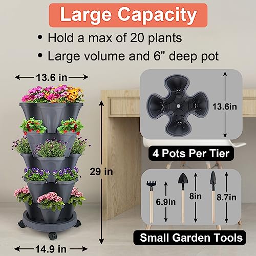 GameXcel Vertical Planter 5 Tier Stackable Planters Garden Planters Strawberry Herb Flower and Vegetable Planter Indoor Outdoor Gardening Pots with Removable Wheels and Tools - Image 4