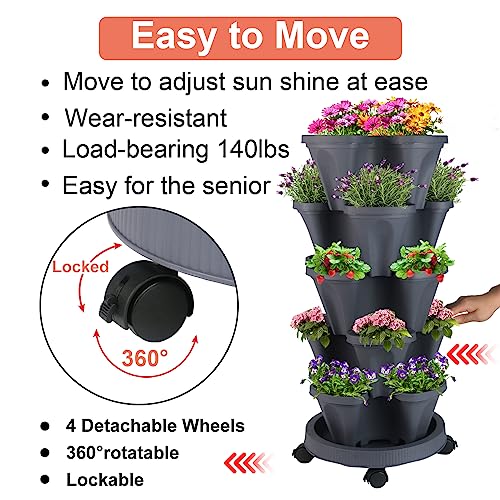 GameXcel Vertical Planter 5 Tier Stackable Planters Garden Planters Strawberry Herb Flower and Vegetable Planter Indoor Outdoor Gardening Pots with Removable Wheels and Tools - Image 5