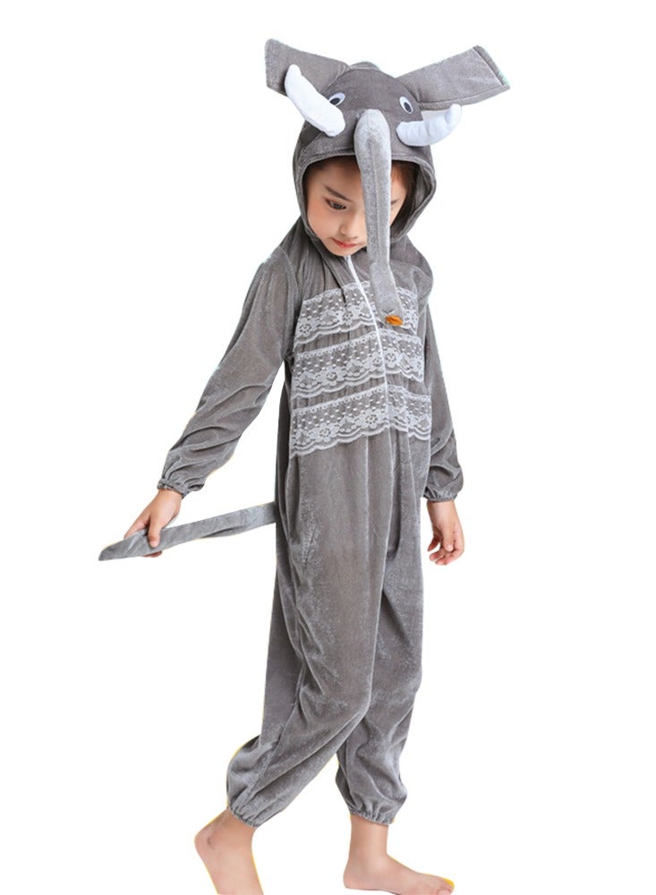 LiangSanZhi Elephant Hooded Onesie Costume for Kids - Gray Animal Jumpsuit with 3D Trunk & Tai Performance Outfit for Stage Play, Halloween & Dress-Up (Toddler to Youth Sizes) - Image 1
