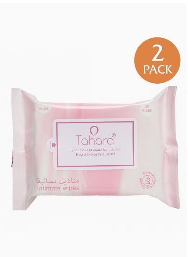 TAHARA 2 Pcs Intimate Musk scented wet wipes pack With Aloe Vera Extract Contains 20 Pieces White 4g - Image 1