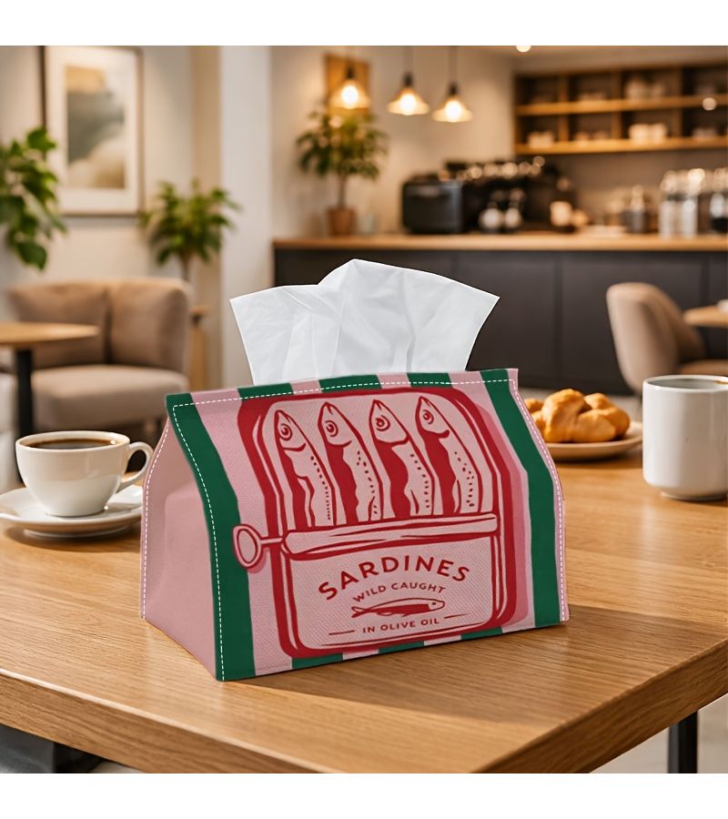Sardine Can Shaped Tissue Box Dispenser With Four Fish And Sardines In Olive Oil Phrase 18x11x13cm 7x4.3x5.1inch Sturdy For Home Car Parties Themed Decor Nostalgic Gift Mediterranean Dining - Image 1