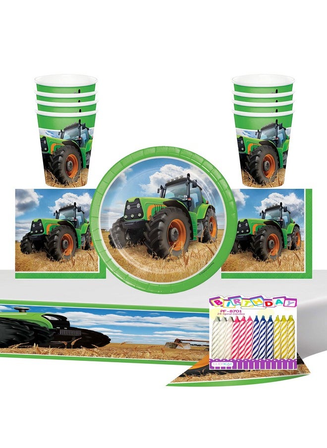 CREATIVE CONVERTING - Tractor Party Supplies Pack Serves 16: Dessert Plates Beverage Napkins Cups And Table Cover With Birthday Candles (Bundle For 16) - Image 1