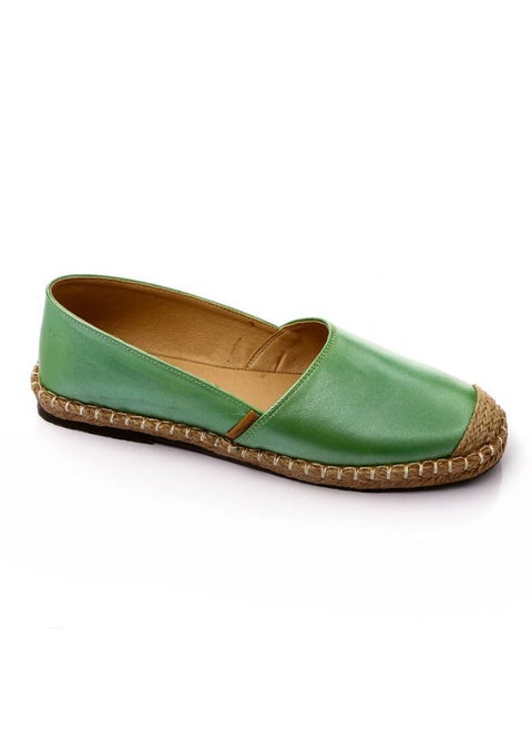 Trendy Genuine Leather Espadrilles With Straw Round Toe - Green
