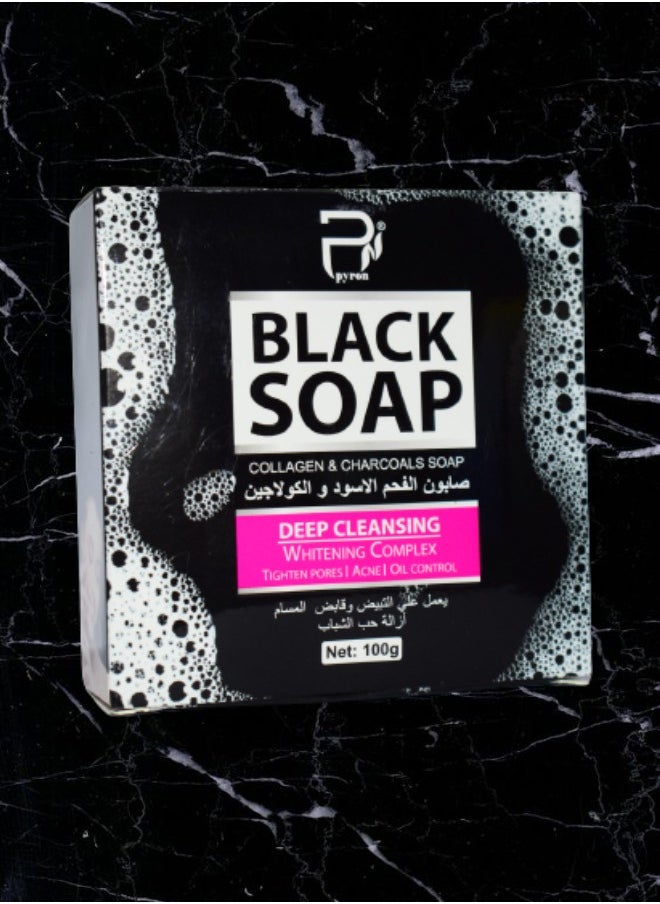 PYRON Black Soap Collagen And Charcoal Deep Cleansing Whitening Complex 100g  - Image 1